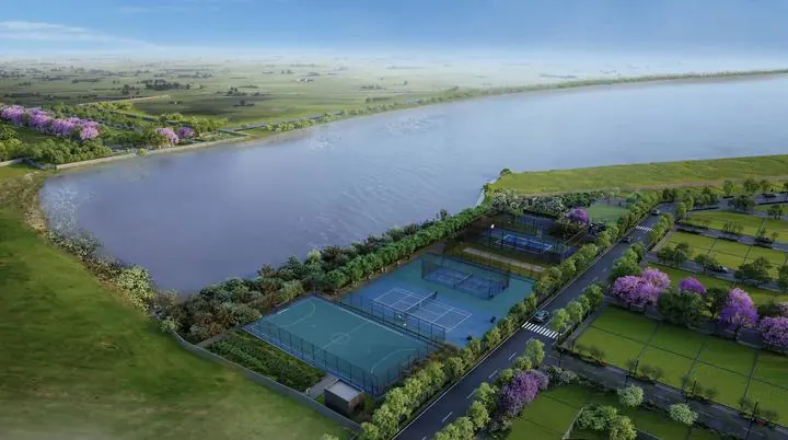 Lakeside sports courts, aerial view